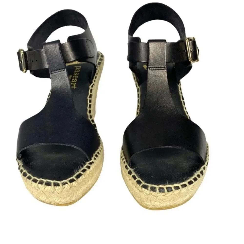 PASEART Black Leather Strappy Espadrille Wedges Made In Spain EU 38 US 7 Medium